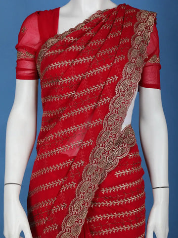 Ruby Red Paisley Embroidery Georgette Fancy Saree - Diadem