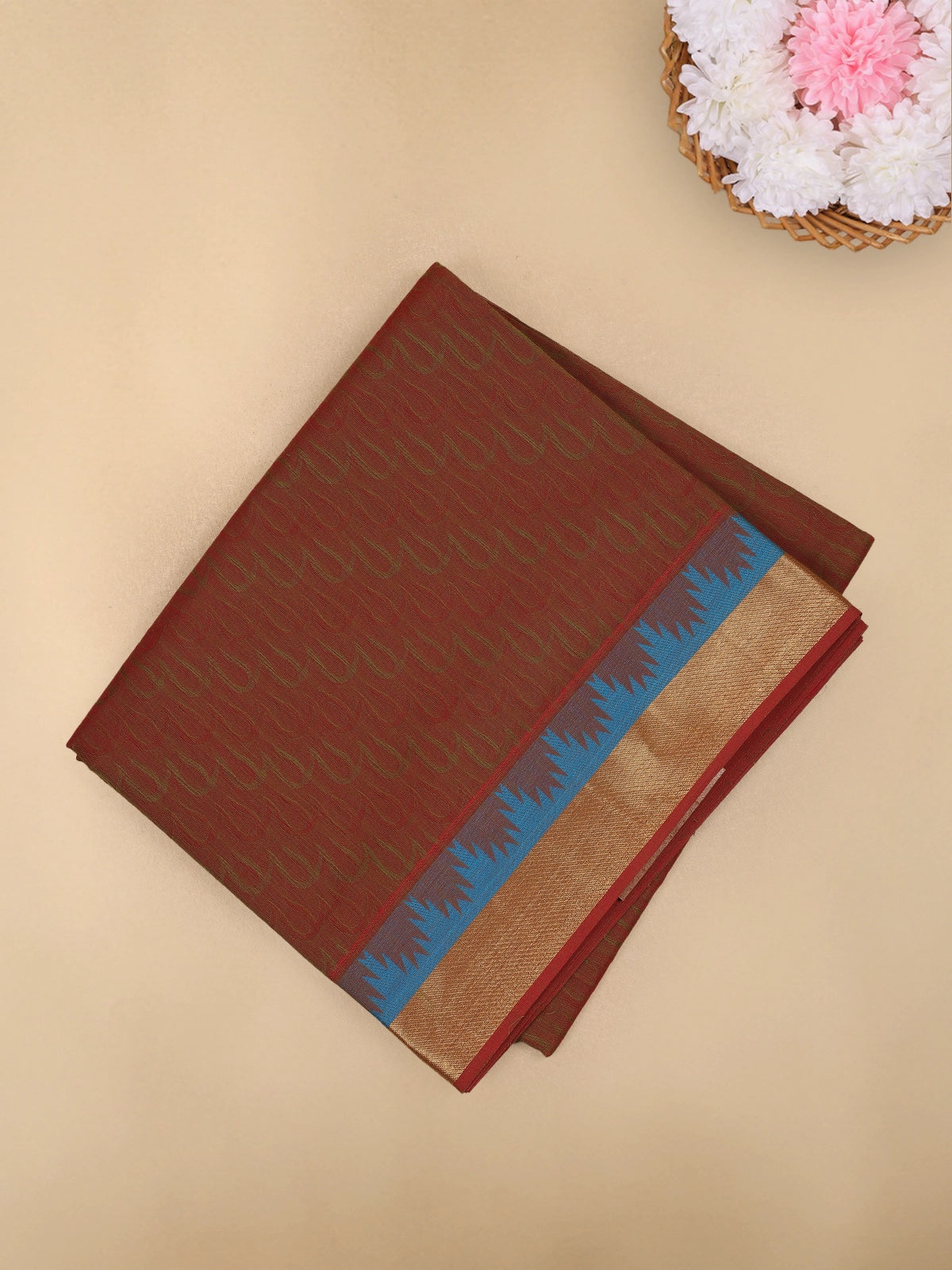 Rust Brown Wave Woven Design Cotton Saree