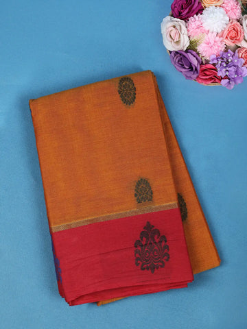 Rust Orange Butta Design Cotton Saree With Red Contrast Border - Diadem