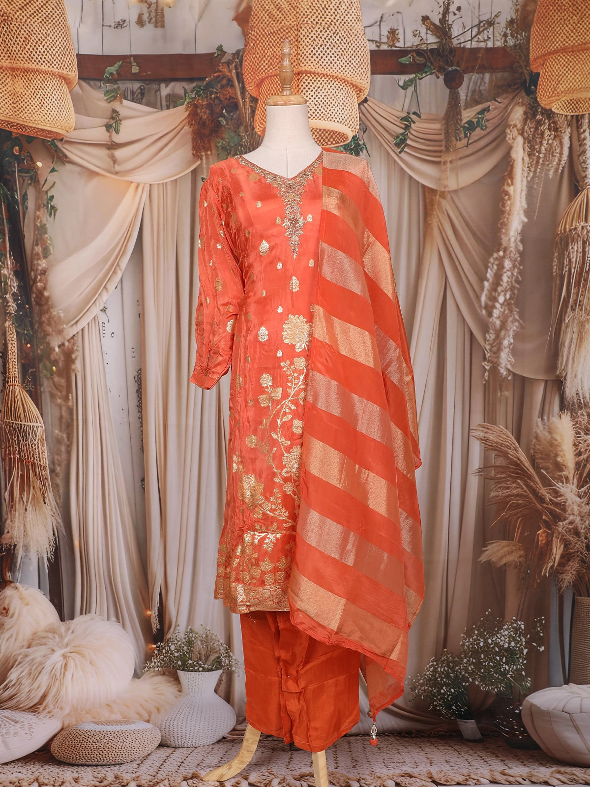 Rust Orange Floral Zari Embroidered Design Crepe Straight Cut Salwar Suit