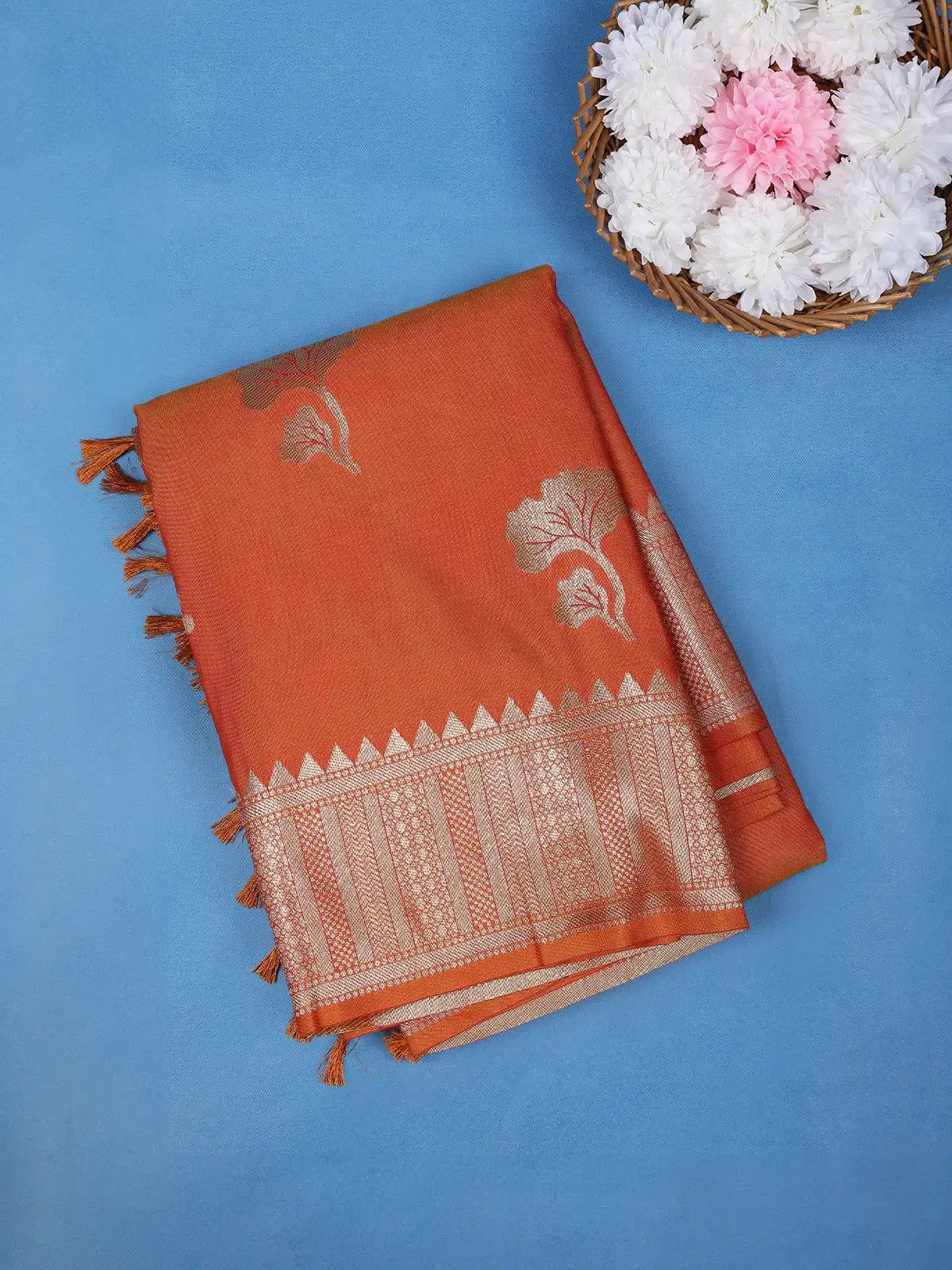 Rust Orange Silver Zari Woven Banarasi Silk Saree - Diadem
