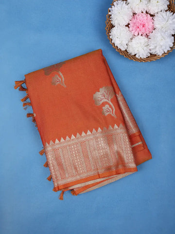 Rust Orange Silver Zari Woven Banarasi Silk Saree - Diadem