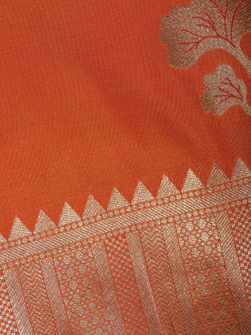 Rust Orange Silver Zari Woven Banarasi Silk Saree - Diadem
