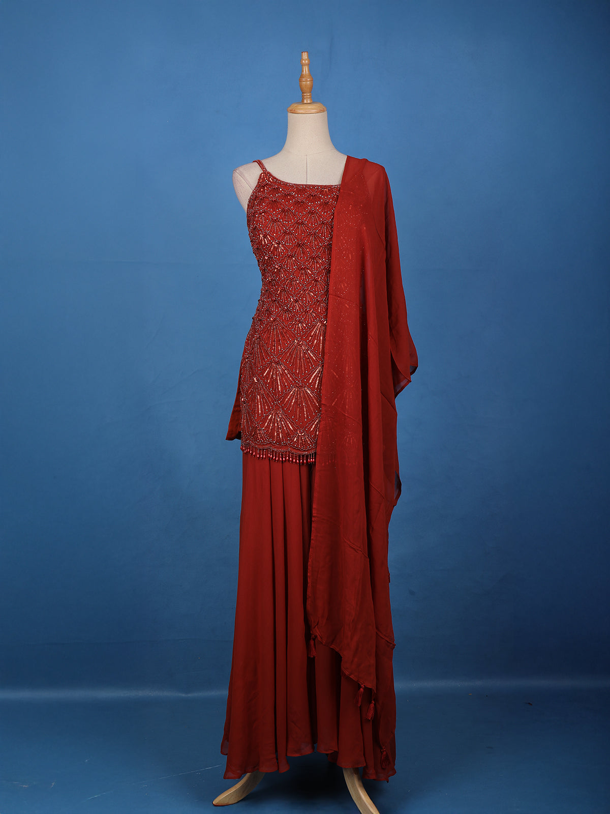 Rust Red Embroidered Design Georgette Palazzo Suit