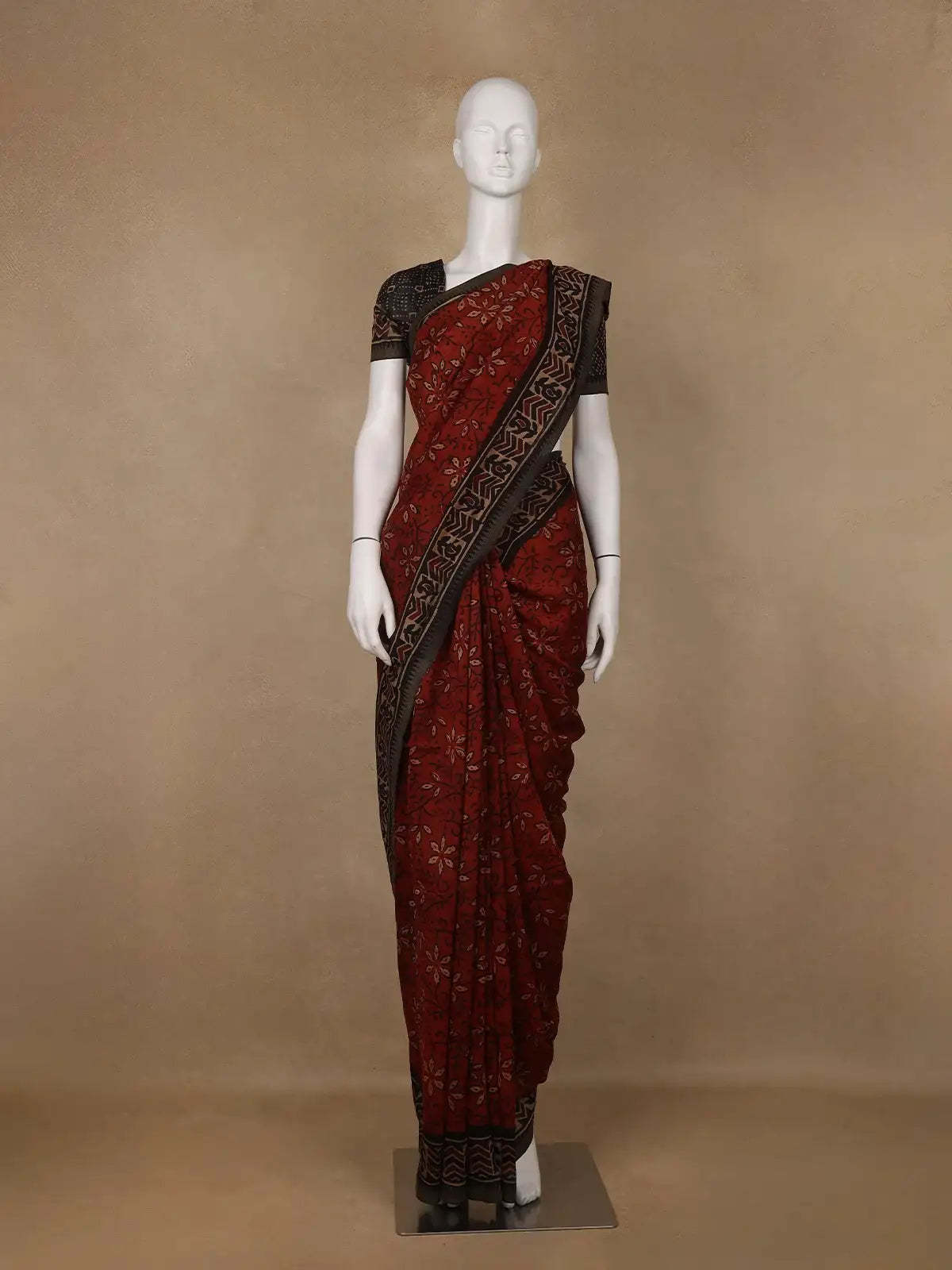 Rust Red Floral Printed Cotton Saree - Diadem