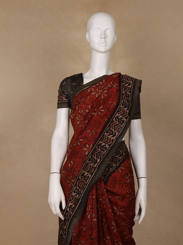 Rust Red Floral Printed Cotton Saree - Diadem