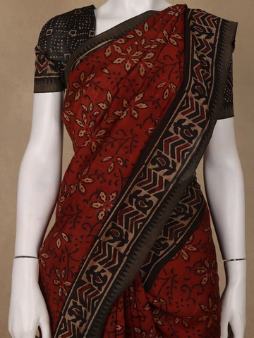 Rust Red Floral Printed Cotton Saree - Diadem