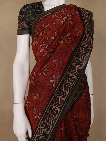 Rust Red Floral Printed Cotton Saree - Diadem