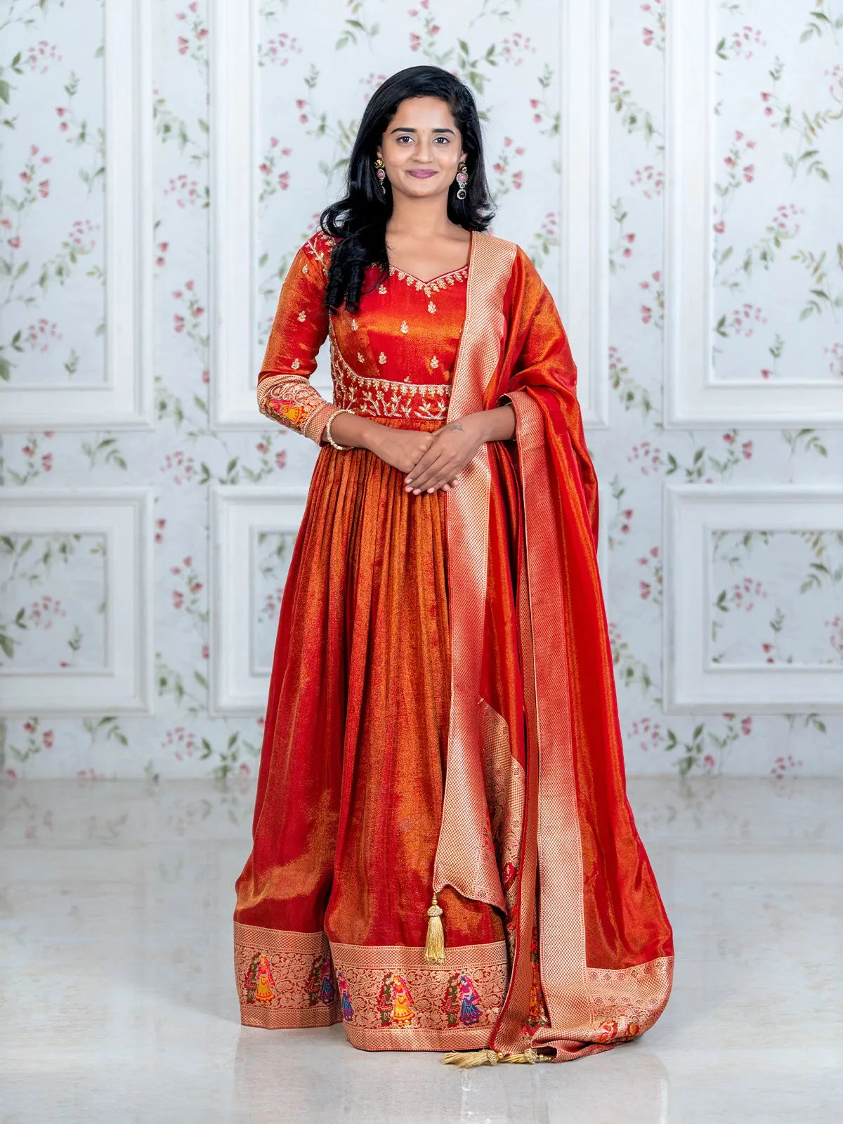 Rust Orange Floral Embroidery Tissue Silk Partywear Gown - Diadem