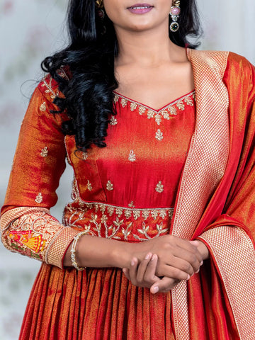 Rust Orange Floral Embroidery Tissue Silk Partywear Gown - Diadem