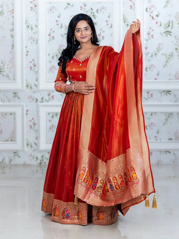 Rust Orange Floral Embroidery Tissue Silk Partywear Gown - Diadem