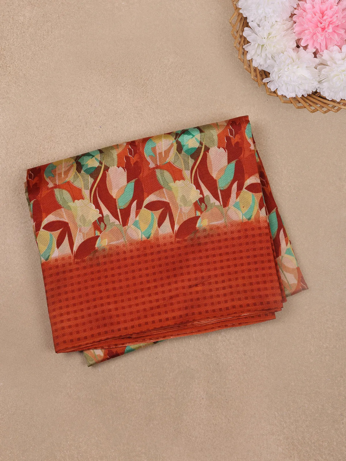 Rust Orange Floral Prints Fancy Cotton Saree - Diadem