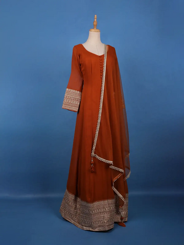 Rust Orange Panel Designed Anarkali Georgette Gown - Diadem