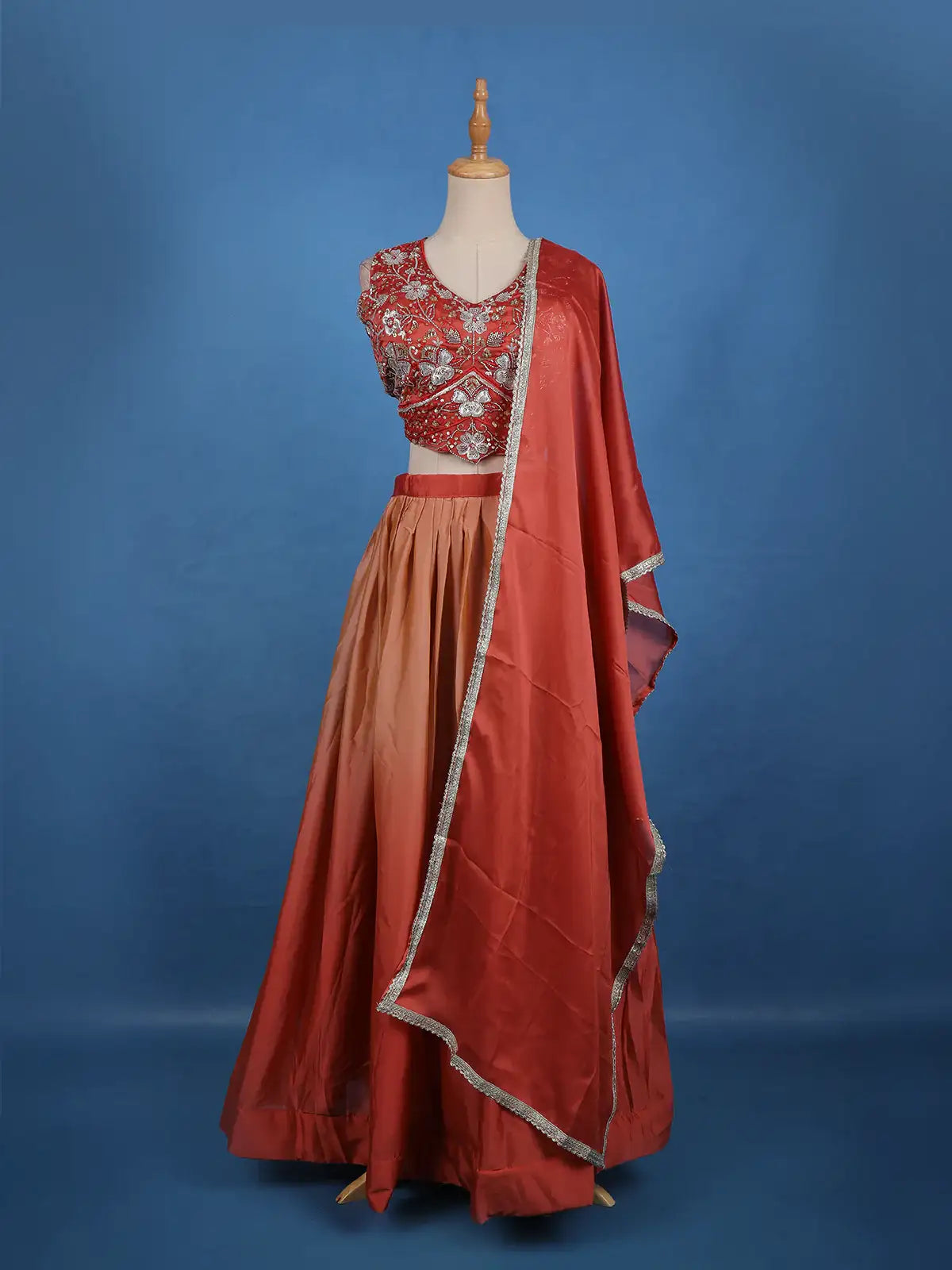 Rust Red Floral Design Satin Lehenga with Dupatta