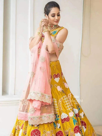 Chrome Yellow Lehenga Embellished in Floral Threads and Gota Patti with Zari Embroidery Dupatta - Diadem