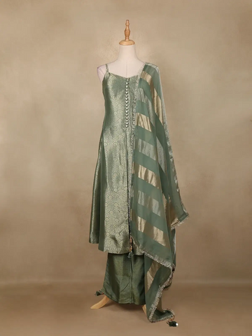 Sage Green Floral Design Silk Salwar Suit - Diadem