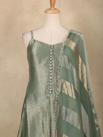 Sage Green Floral Design Silk Salwar Suit - Diadem