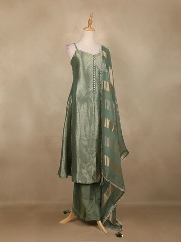 Sage Green Floral Design Silk Salwar Suit - Diadem