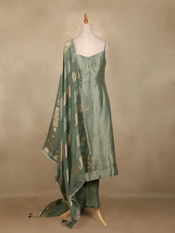 Sage Green Floral Design Silk Salwar Suit - Diadem