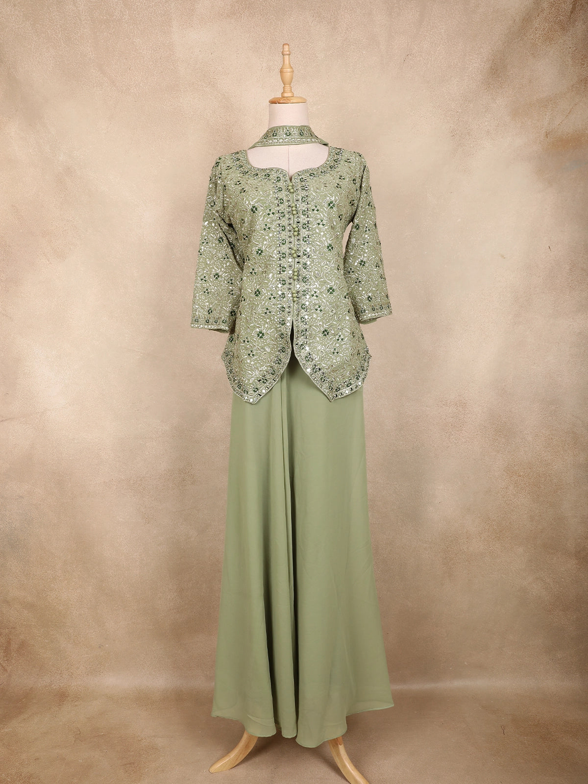 Sage Green Floral Embroidered Georgette Peplum Palazzo Suit with Choker Dupatta
