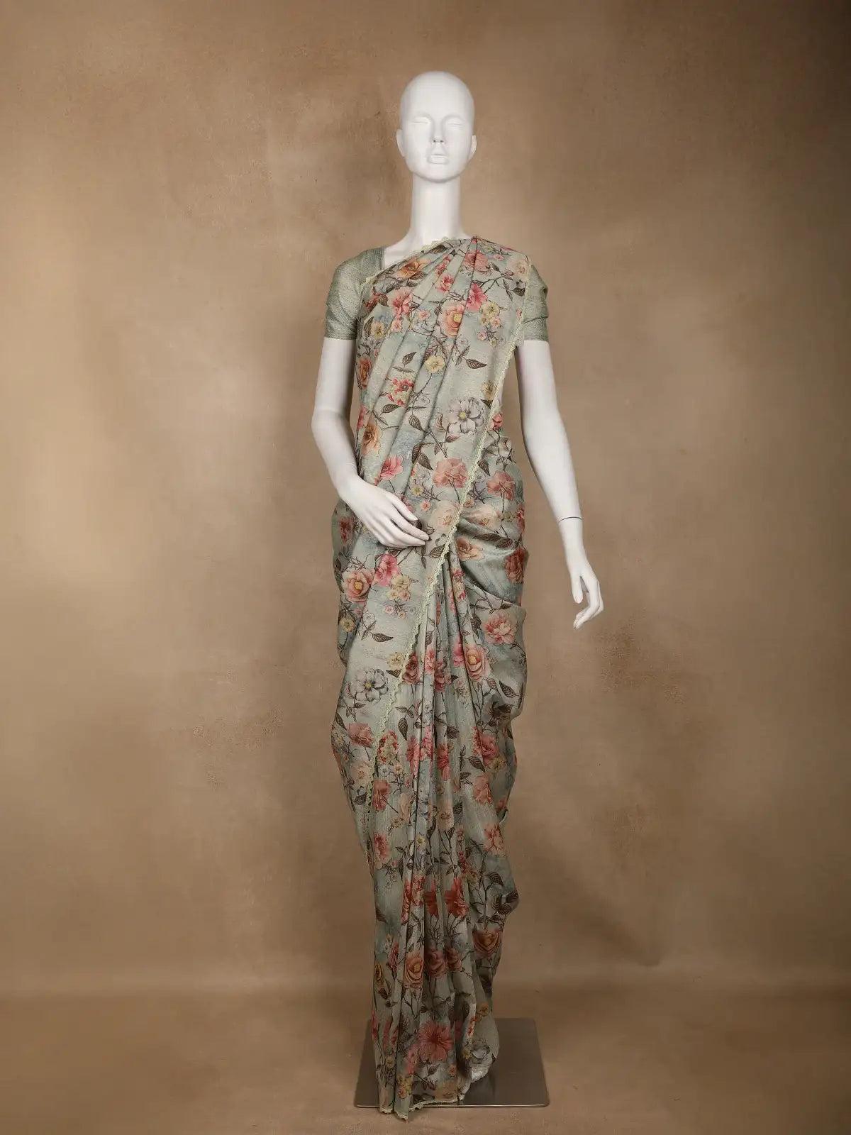 Sage Green Floral Printed Tussar Silk Saree - Diadem