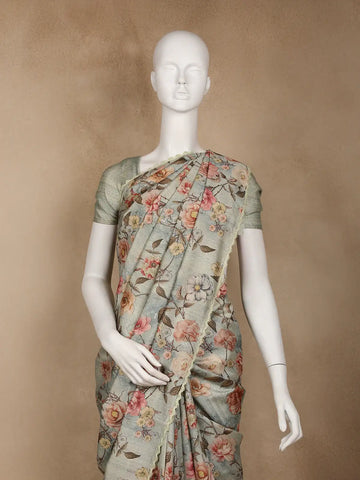 Sage Green Floral Printed Tussar Silk Saree - Diadem
