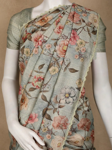 Sage Green Floral Printed Tussar Silk Saree - Diadem
