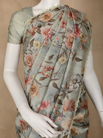 Sage Green Floral Printed Tussar Silk Saree - Diadem