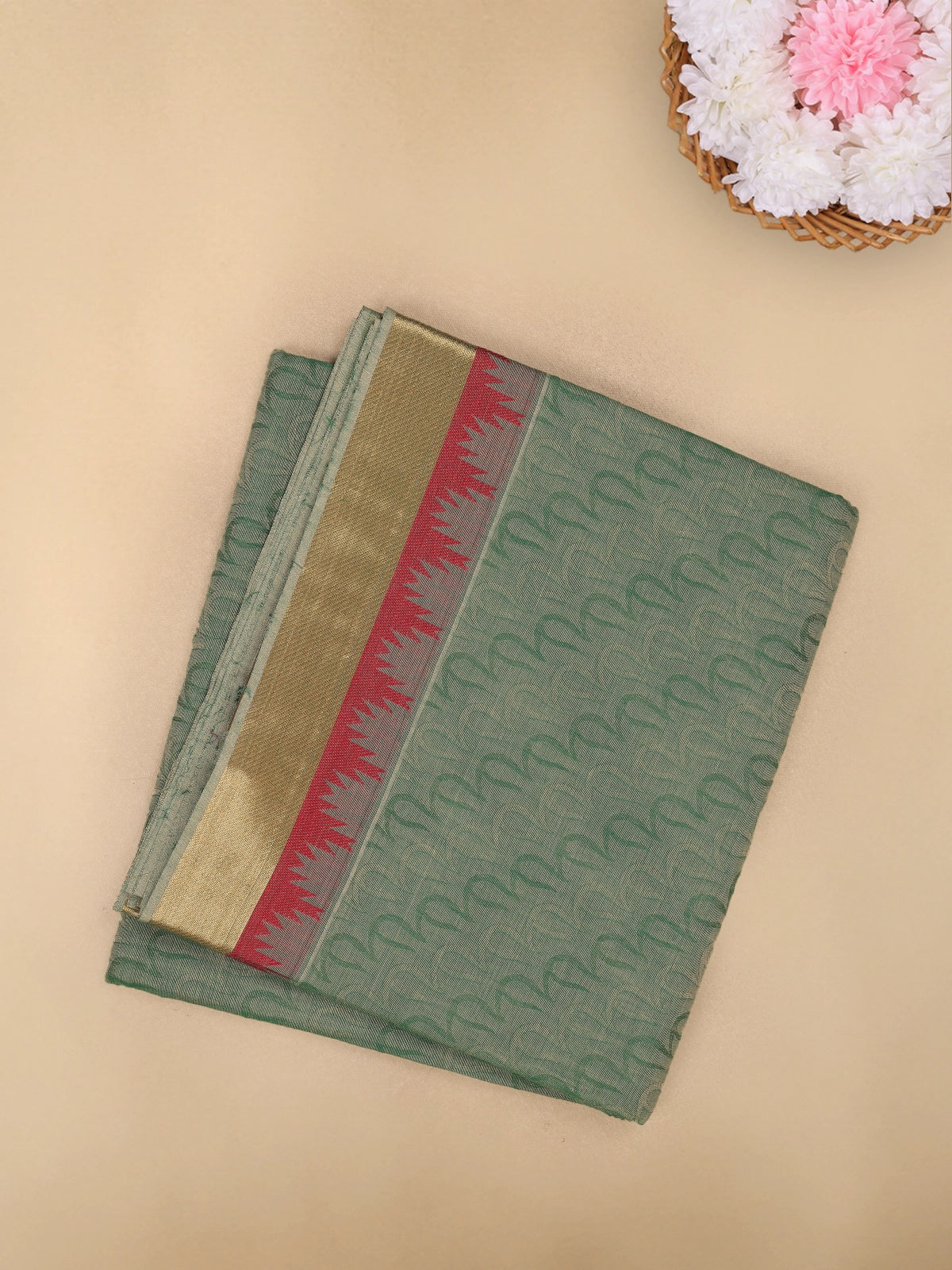 Sage Green Wave Woven Design Cotton Saree