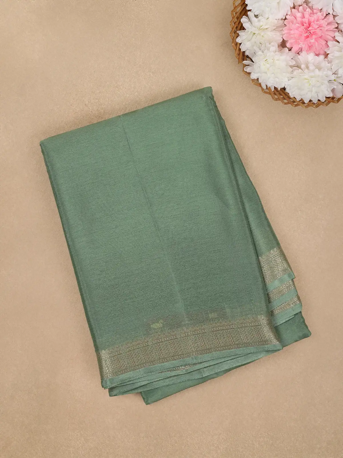 Sage Green Antique Gold Zari Border Mysore Silk Saree - Diadem