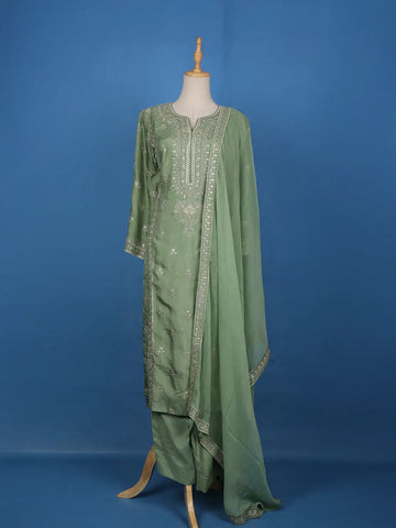 Sage Green Floral Embroidery Raw Silk Salwar Suit - Diadem