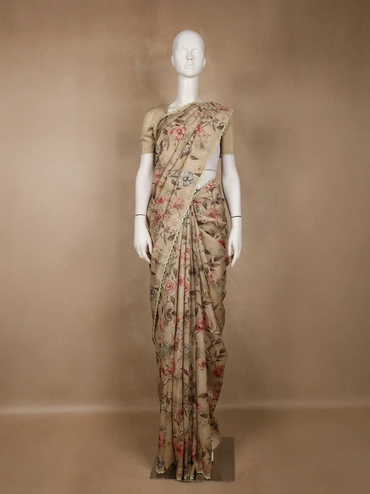 Sand Beige Floral Printed Tussar Silk Saree - Diadem