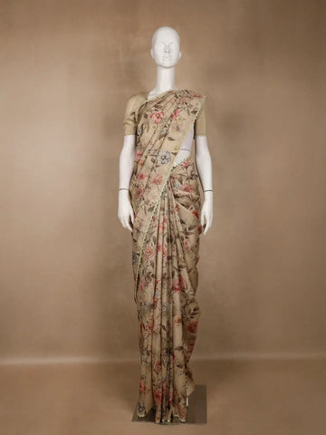 Sand Beige Floral Printed Tussar Silk Saree - Diadem
