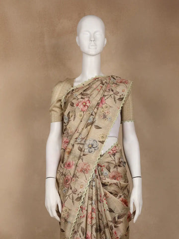 Sand Beige Floral Printed Tussar Silk Saree - Diadem