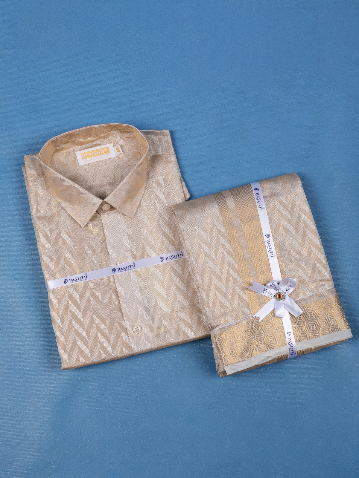 Sandal Jacquard Design Silk Full-Sleeve Shirt With Matching Dhoti Set