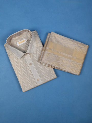 Sandal Jacquard Designed Silk Full-Sleeve Shirt with Matching Dhoti Set - Diadem