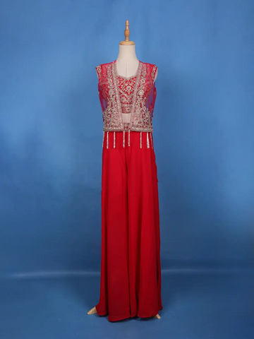 Scarlet Red Floral Sequin Embroidery Georgette Lehenga - Diadem