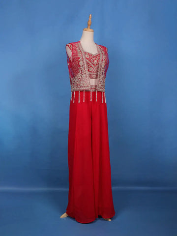 Scarlet Red Floral Sequin Embroidery Georgette Lehenga - Diadem
