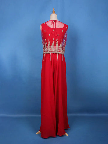 Scarlet Red Floral Sequin Embroidery Georgette Lehenga - Diadem