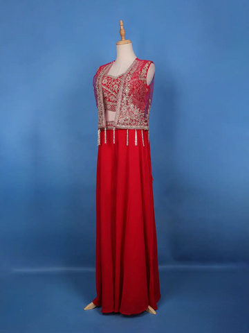 Scarlet Red Floral Sequin Embroidery Georgette Lehenga - Diadem