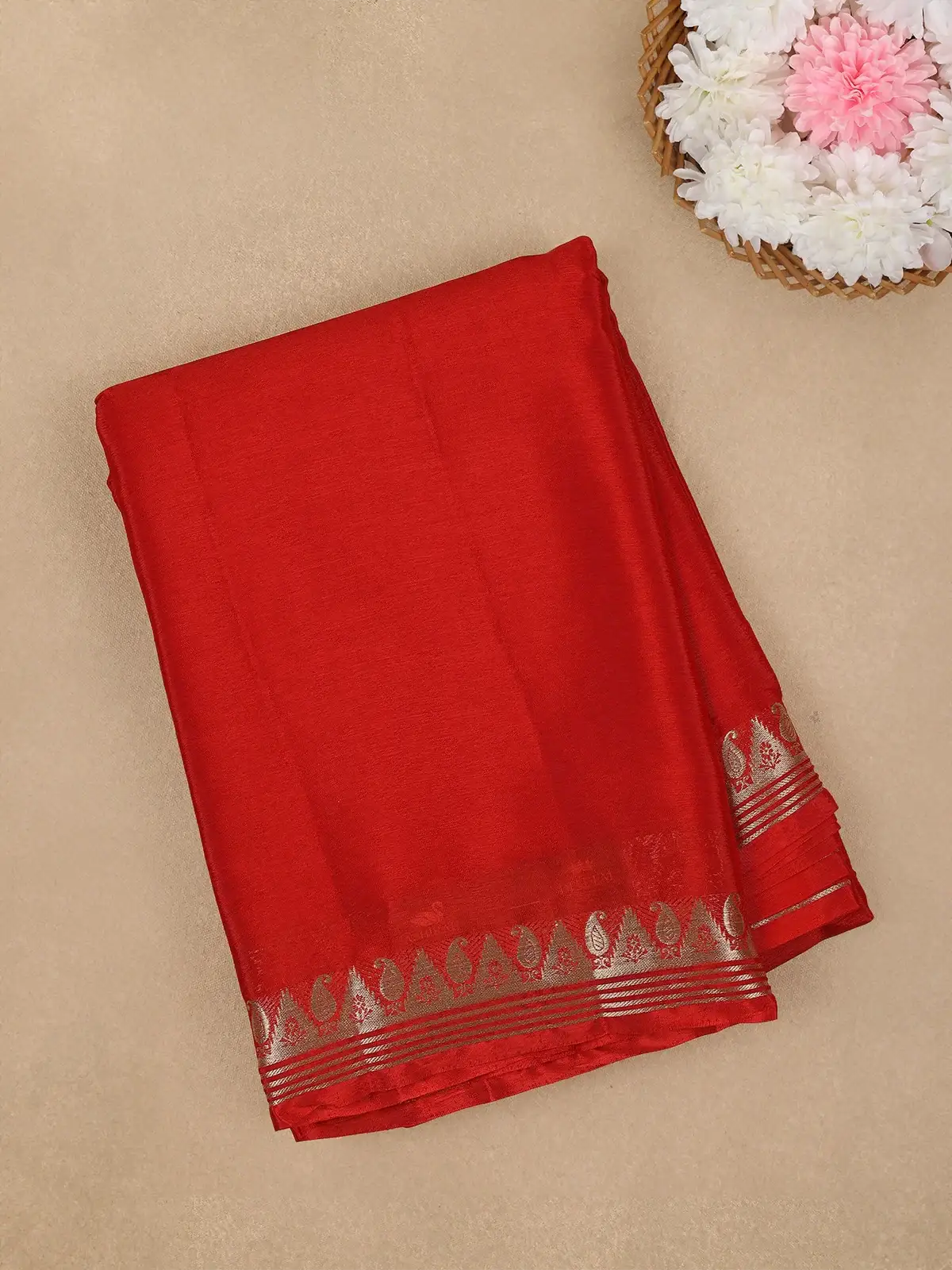 Scarlet Red with Gold Zari Paisley Border Mysore Silk Saree - Diadem