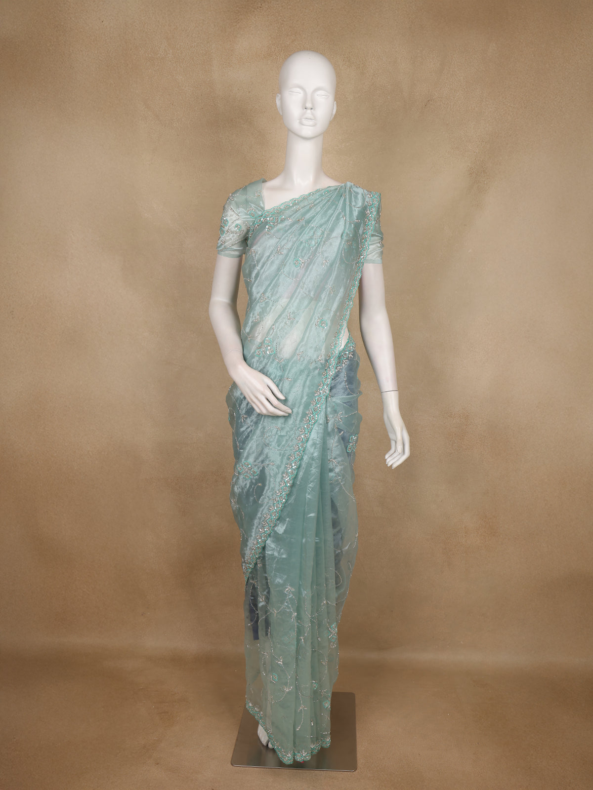 Sea Blue Sequin Embroidered Design Organza Saree