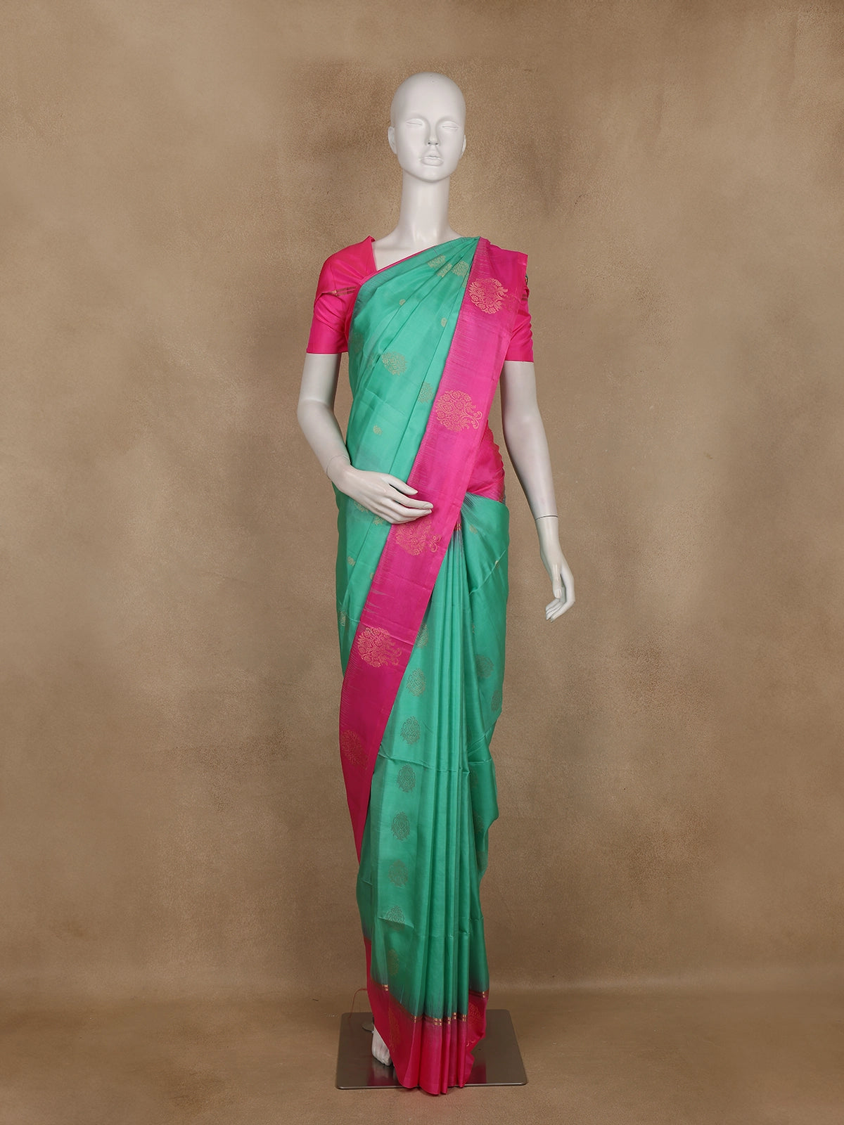 Sea Green Butta Woven Soft Silk Saree with Contrast Pink Border