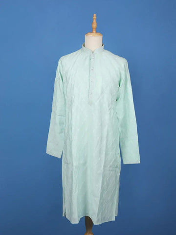 Sea Green Diamond Embroidered Cotton Kurta For Men - Diadem