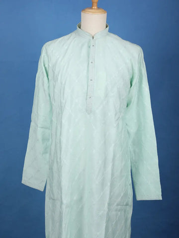 Sea Green Diamond Embroidered Cotton Kurta For Men - Diadem
