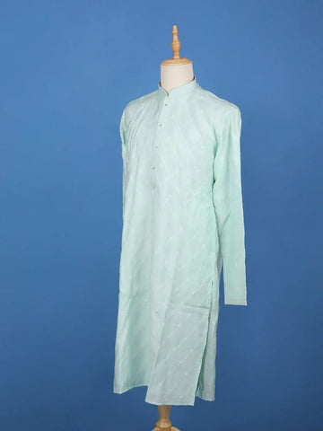 Sea Green Diamond Embroidered Cotton Kurta For Men - Diadem