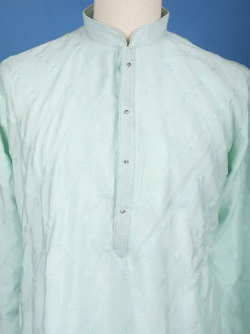 Sea Green Diamond Embroidered Cotton Kurta For Men - Diadem