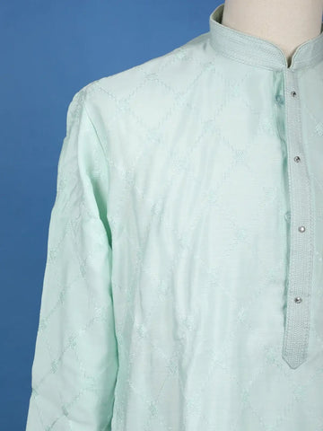 Sea Green Diamond Embroidered Cotton Kurta For Men - Diadem