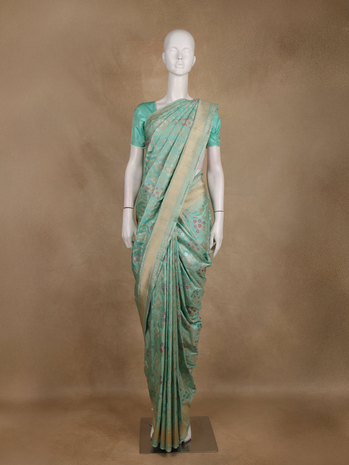 Sea Green Floral Butta Woven Banarasi Silk Saree With Zari Border
