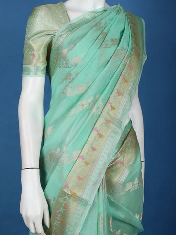 Sea Green Floral Design Semi Tissue Saree - Diadem